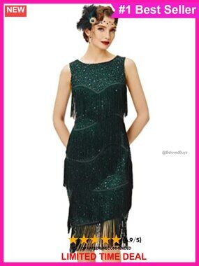 1920s Flapper Dress Fringe Sequin Midi Sleeveless Gatsby Party